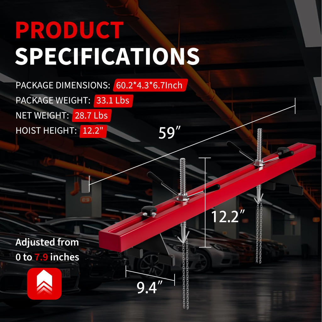 Garvee Engine Support Bar, 1100 lbs Capacity Transverse Motor Lift Hoist with Dual Hooks, 2-Point Holder for Home Garage and Auto Repair Shop, Red
