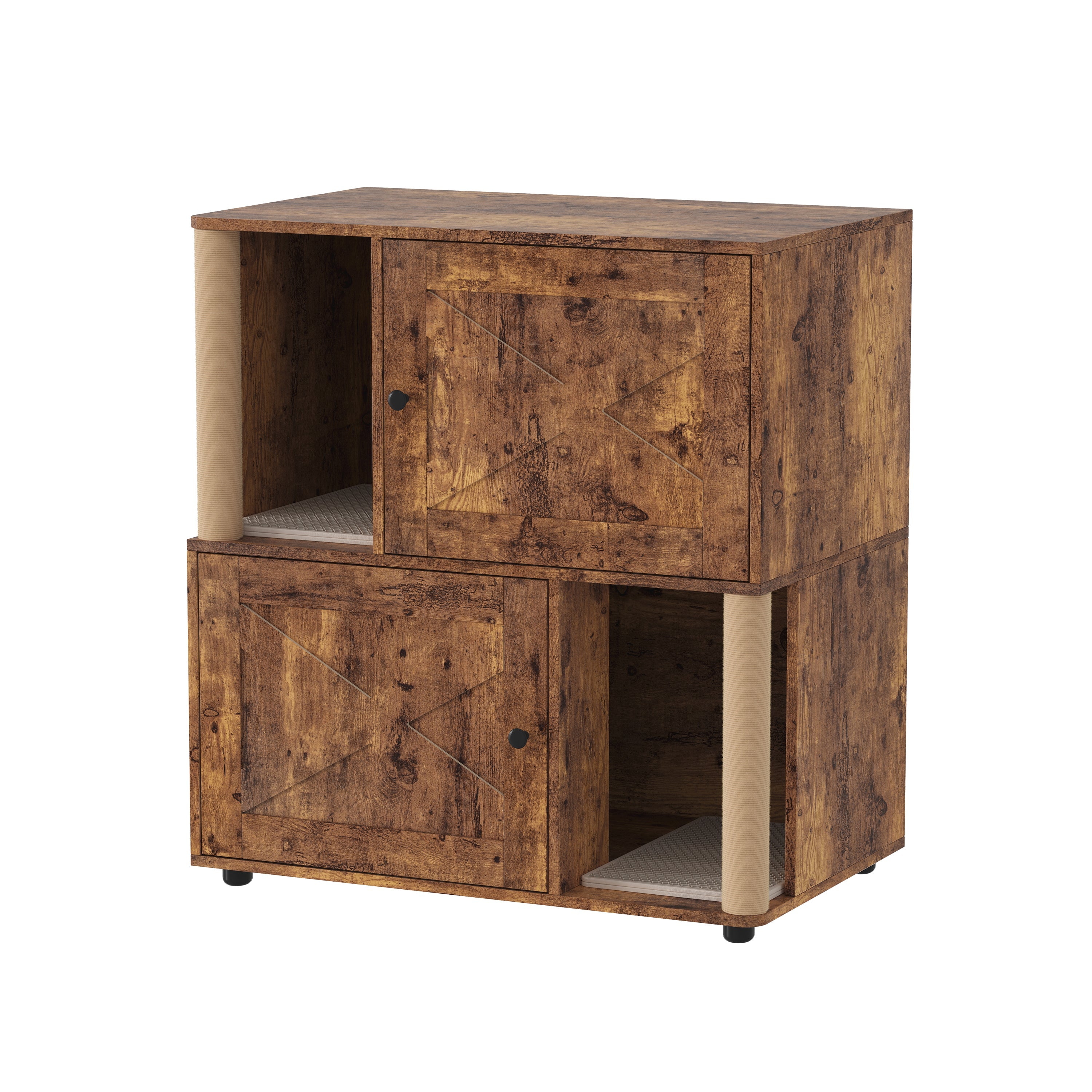 Garvee Double Cat Litter Box Enclosure Furniture for 2 Cats – Modern 2-Tier Wooden Cabinet with Hidden Odor Control, Marking Post, Dual Litter Mats, Dog-Proof End Table – X-Gate Tiger Wood