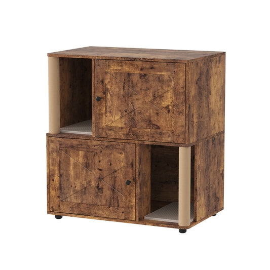 Garvee Double Cat Litter Box Enclosure Furniture for 2 Cats – Modern 2-Tier Wooden Cabinet with Hidden Odor Control, Marking Post, Dual Litter Mats, Dog-Proof End Table – X-Gate Tiger Wood