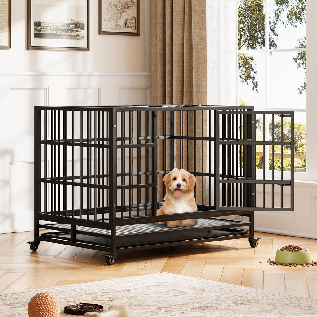 Garvee Heavy Duty Indestructible Dog Crate – Metal Escape-Proof Kennel for Large Dogs, Double Doors, 360° Lockable Wheels, Removable Tray, Easy Assembly – Secure Indoor Pet Cage, Size: 42.5inch