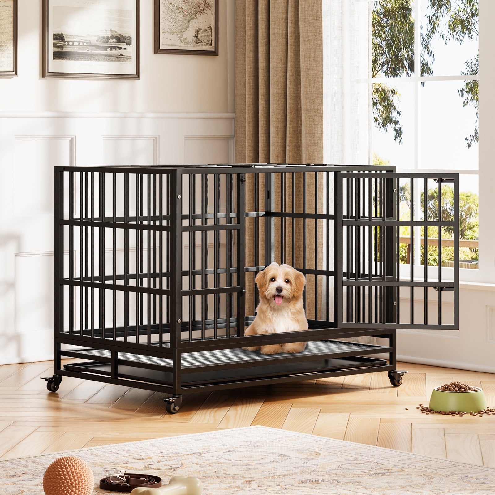 Garvee Heavy Duty Indestructible Dog Crate – Metal Escape-Proof Kennel for Large Dogs, Double Doors, 360° Lockable Wheels, Removable Tray, Easy Assembly – Secure Indoor Pet Cage, Size: 42.5inch