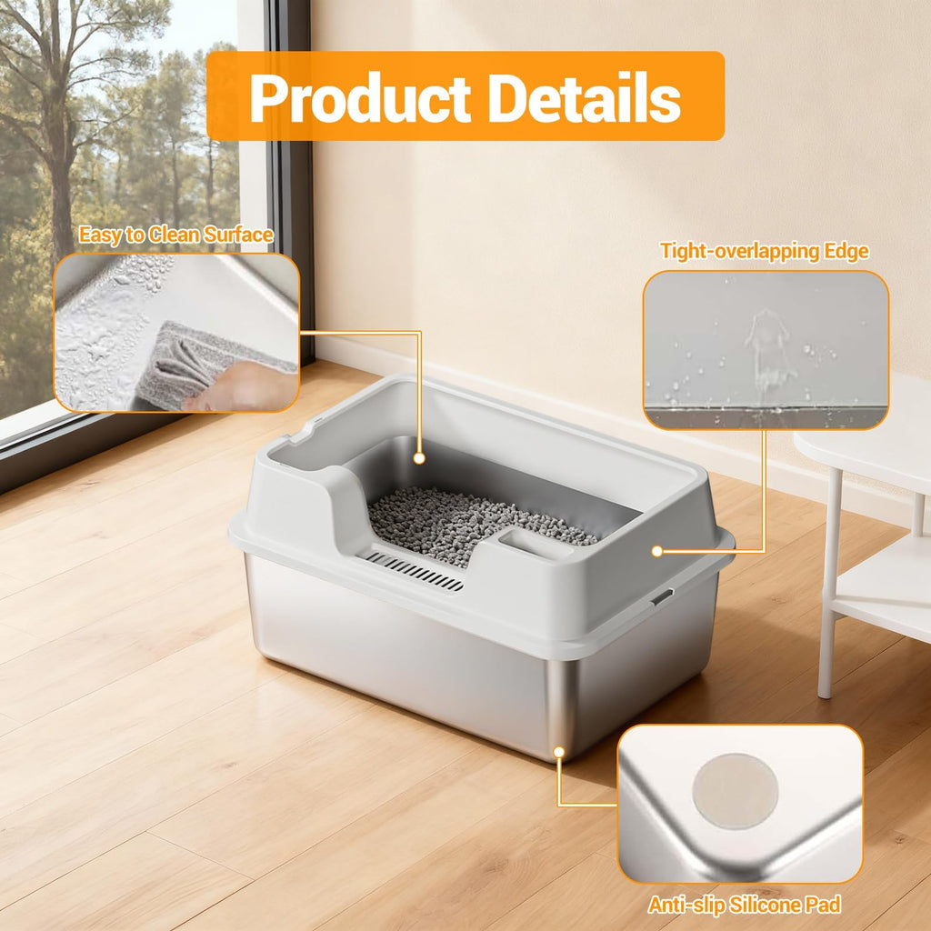 Garvee Stainless Steel Cat Litter Box, High Side Litter Box with Non-Stick, Scoop & Odor-Resistant, Metal Cat Pan for Multiple Cats, Rabbits & Small Pets, Easy to Clean, White