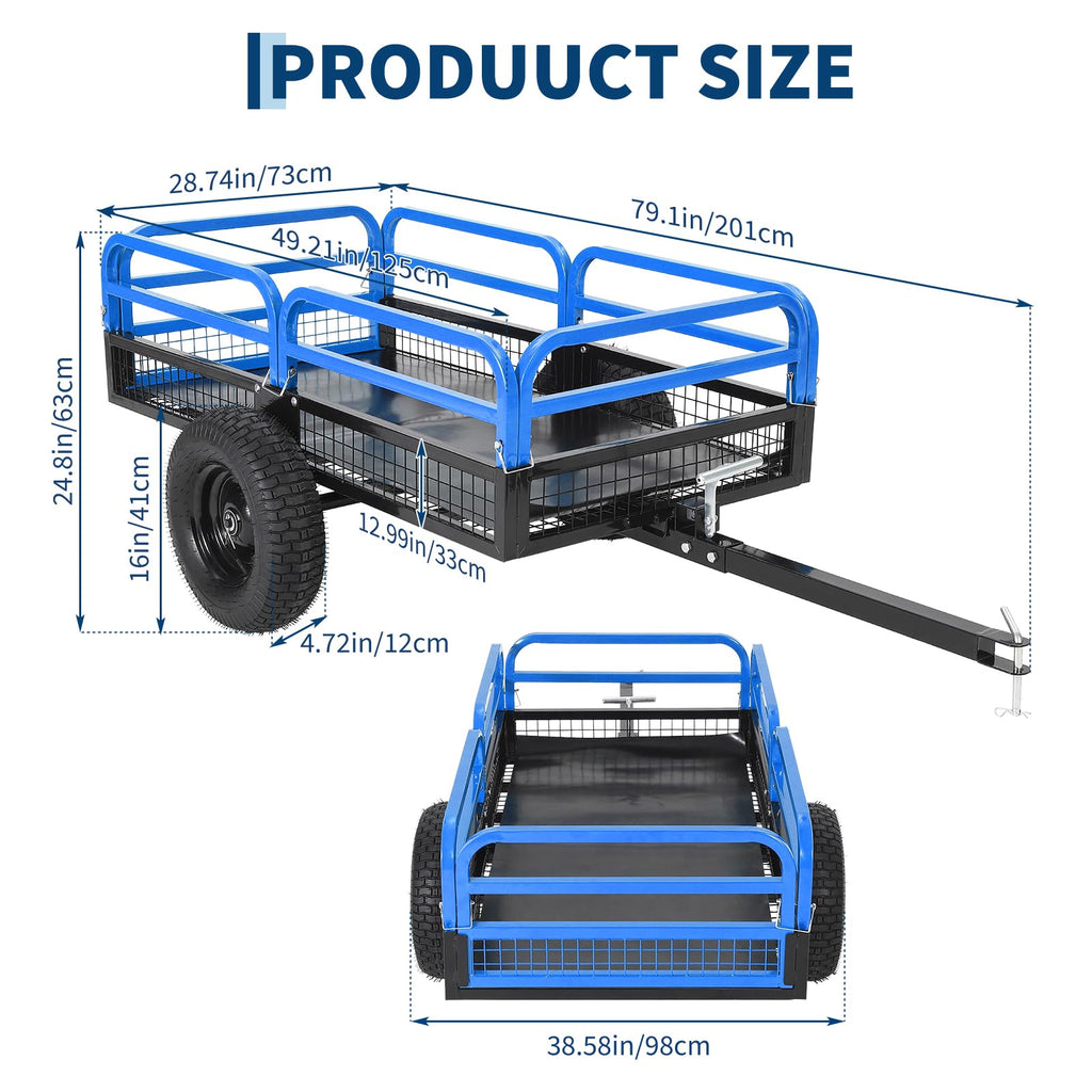 Garvee Blue Dump Cart, 1500 lbs 15 Cu Ft Heavy Duty Steel Garden Utility Trailer with Removable Sides, Quick Release & Pneumatic Tires for Lawn Mower, ATV, UTV, Tractor