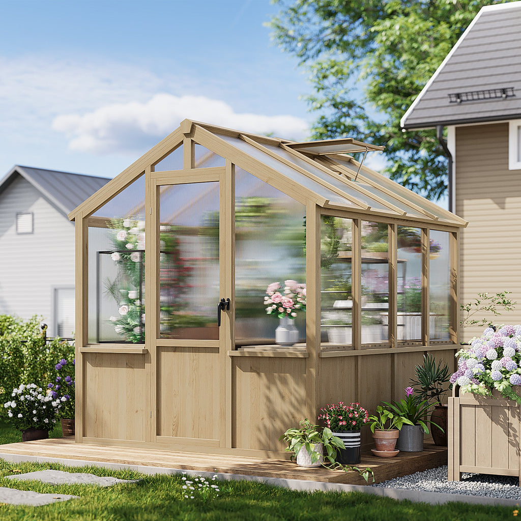 Garvee 6x8 FT Walk-In Wooden Greenhouse for Outdoors – Heavy Duty Spruce Frame, PC Panels, Adjustable Roof Vents, Lockable Door – Large Outdoor Storage for Garden, Patio, Lawn – 6x8 Natural Wood Color