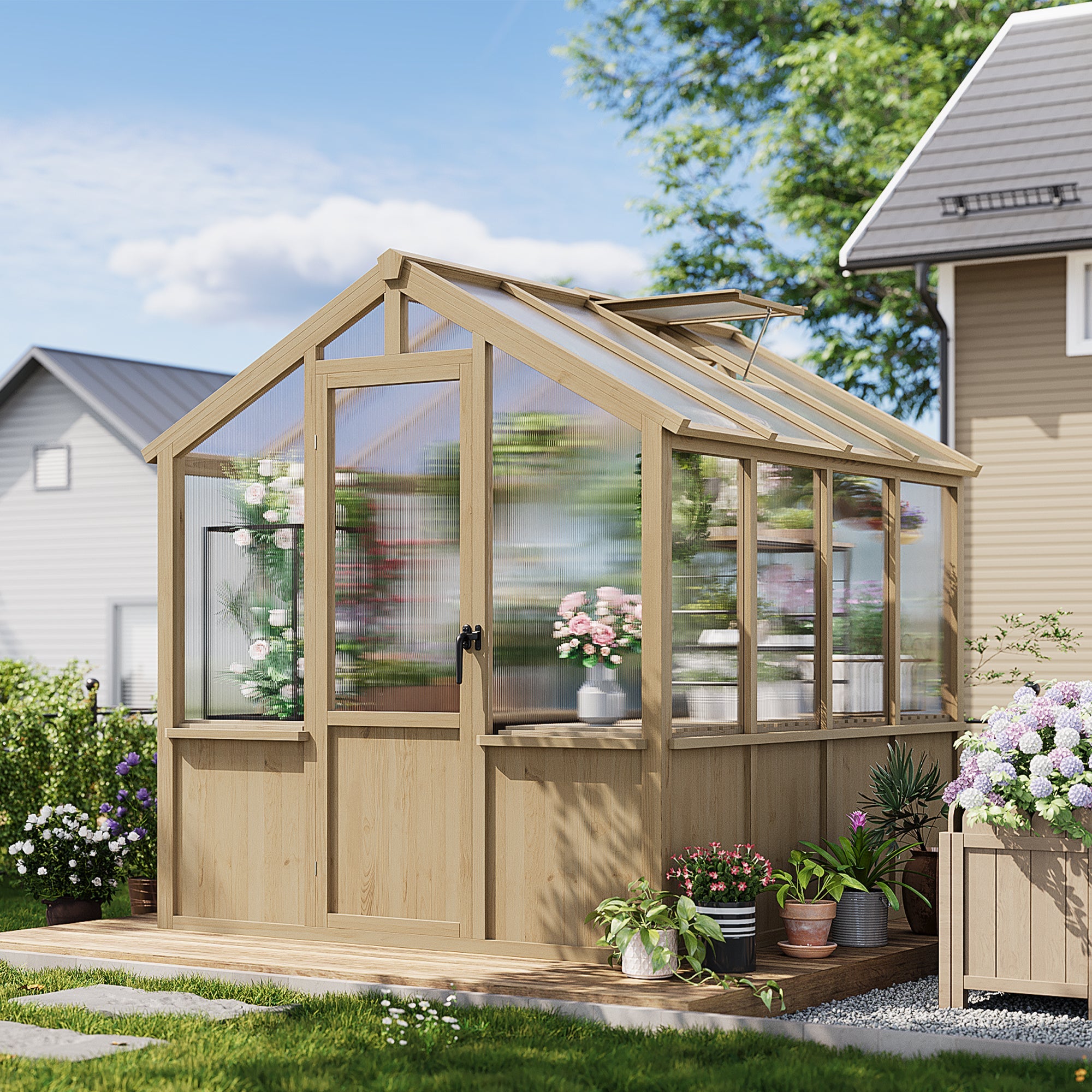Garvee 6x8 FT Walk-In Wooden Greenhouse for Outdoors – Heavy Duty Spruce Frame, PC Panels, Adjustable Roof Vents, Lockable Door – Large Outdoor Storage for Garden, Patio, Lawn – 6x8 Natural Wood Color