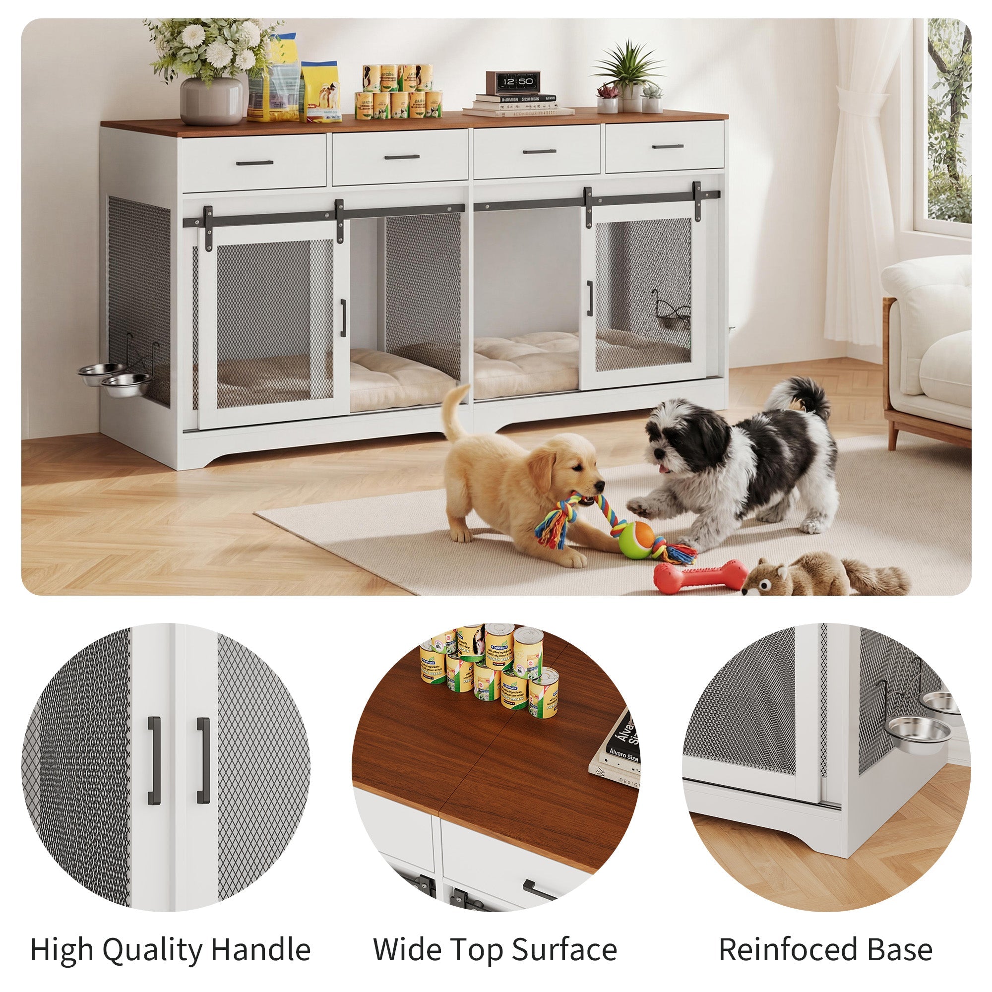 Garvee Multi-Functional Dog Crate Furniture for Medium/Large Dogs – 71'' Indoor Kennel Cage with 4 Sliding Doors, 4 Drawers & Feeding Bowls – Furniture-Style, Walnut & White – US Spec, Color: Walnut+White
