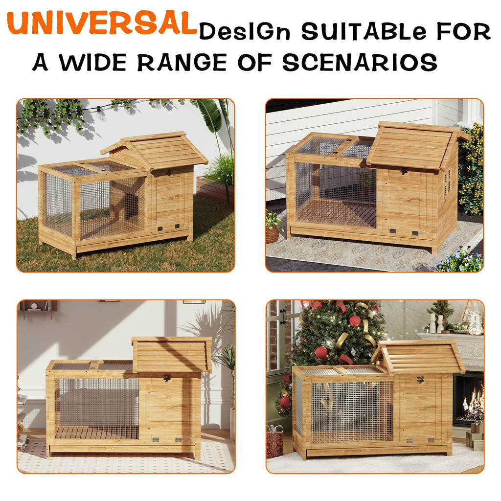Garvee Large Outdoor Rabbit Hutch, Weatherproof 2-Story Bunny Cage with Removable Wire Netting, Wooden Indoor Outdoor Pet House, Waterproof Roof & Pull-Out Tray, Natural