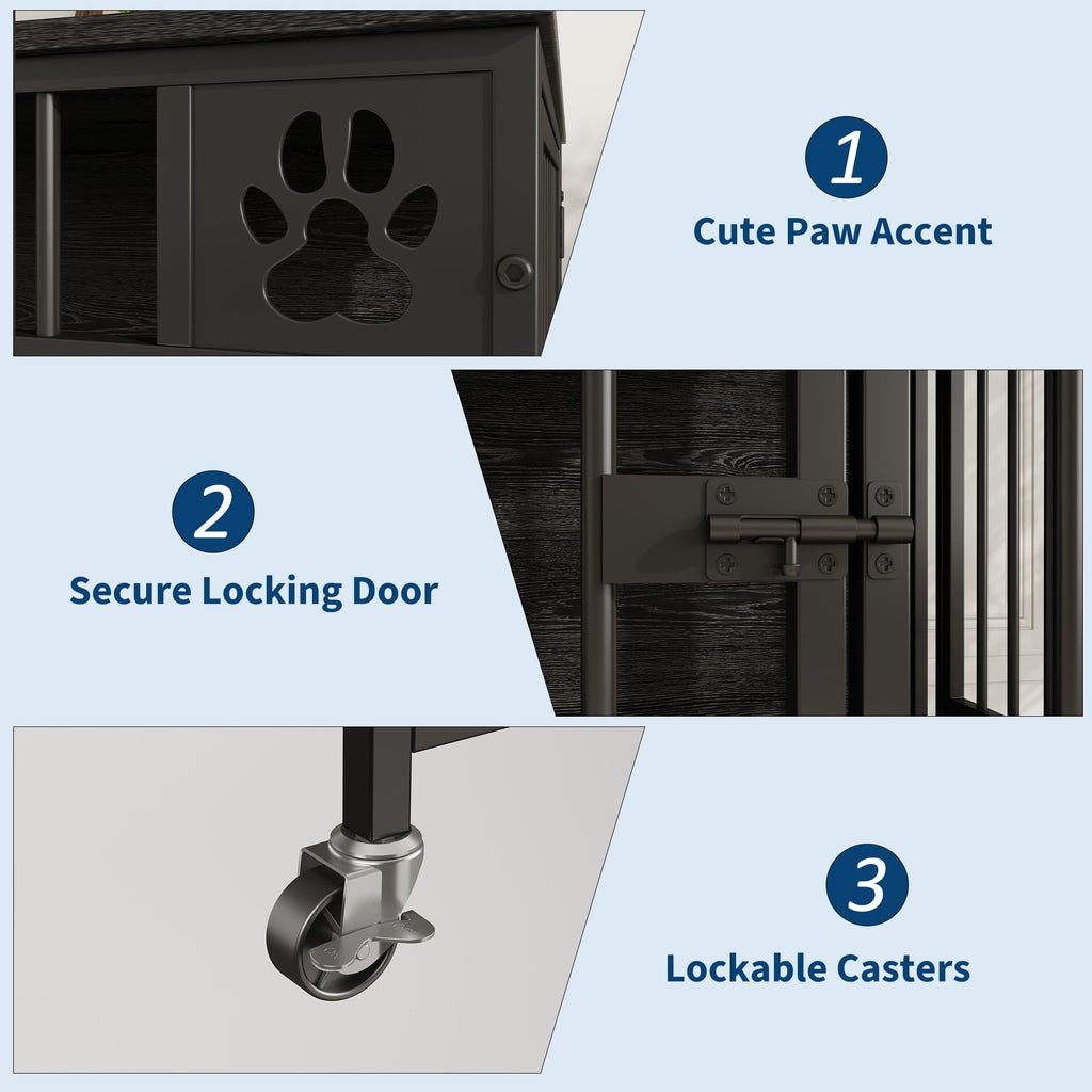 Garvee Modern Triple Door Dog Crate Furniture – 41" Decorative Wooden Kennel for Medium & Small Dogs – Stylish Indoor Pet Cage – Black Relief