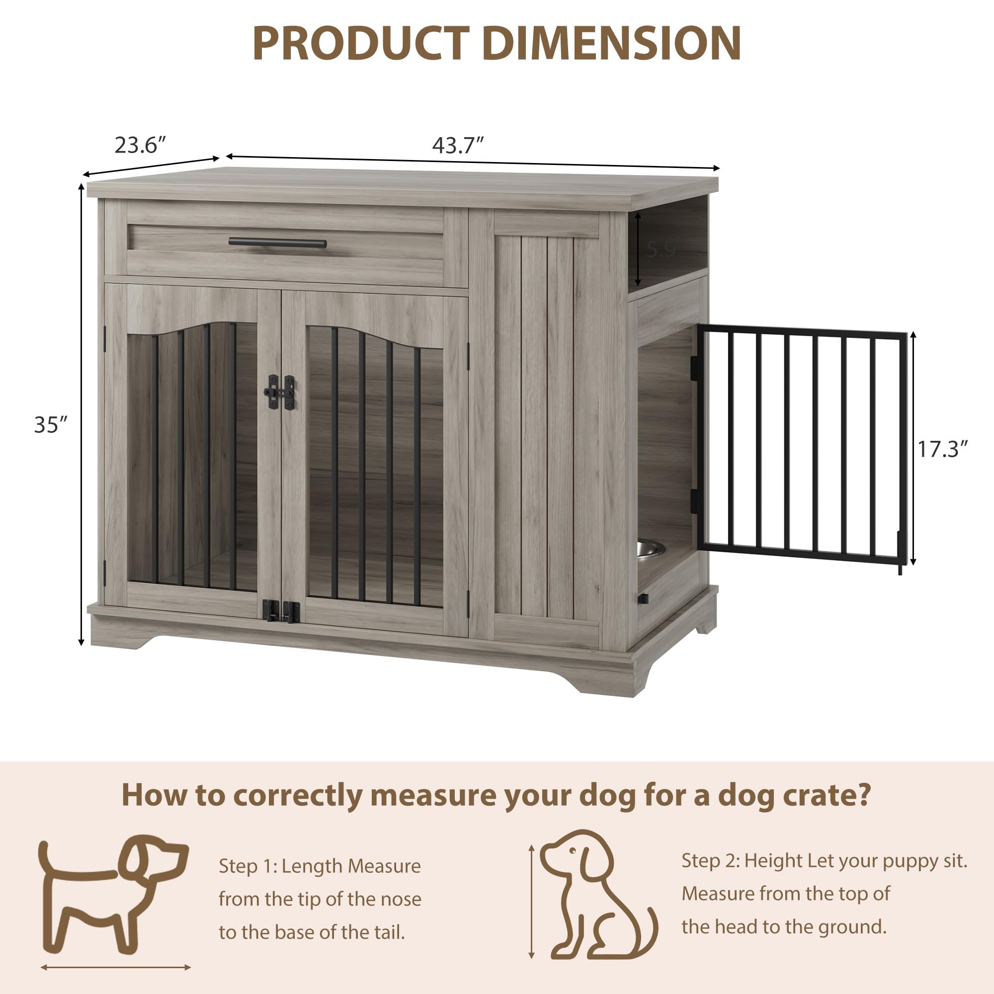 Garvee Wooden Dog Crate Furniture with Feeding Bowls & Storage, Heavy Duty Indoor Dog Kennel End Table, Decorative Furniture Dog Crate for Small Medium Large Dogs, Gray