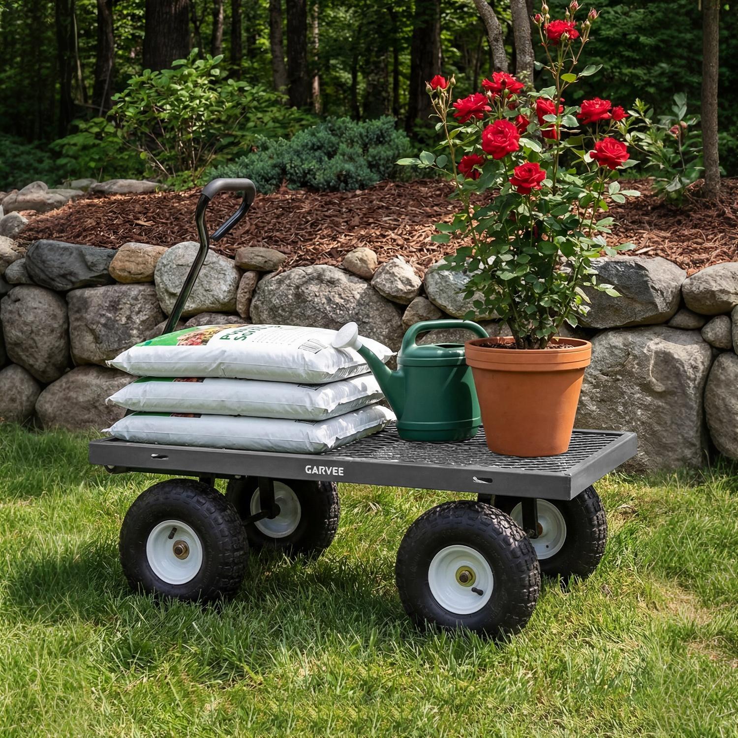 Garvee 800LBS Heavy Duty Steel Garden Cart Wagon with 10" Pneumatic Tires, Removable Mesh Sides, 180° Rotating Handle & Waterproof Bag, Utility Yard Trailer for Lawn, Garden & Farm, Gray