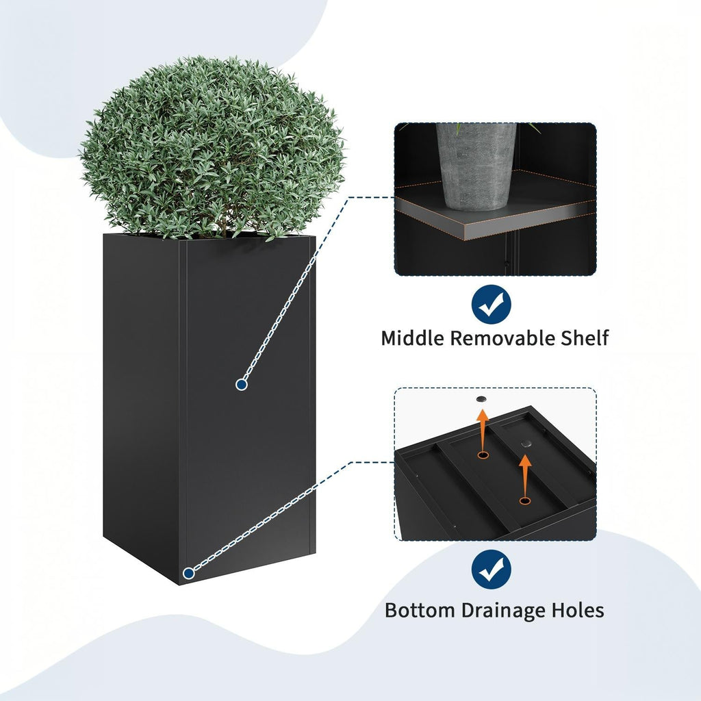 Garvee 30" Tall Square Metal Planters Set of 2, Heavy Duty Carbon Steel Outdoor Plant Pots with Removable Insert Shelf, Drainage Holes & Sealing Plugs for Garden, Patio, Deck, Entryway & Indoor Use, Matte Black