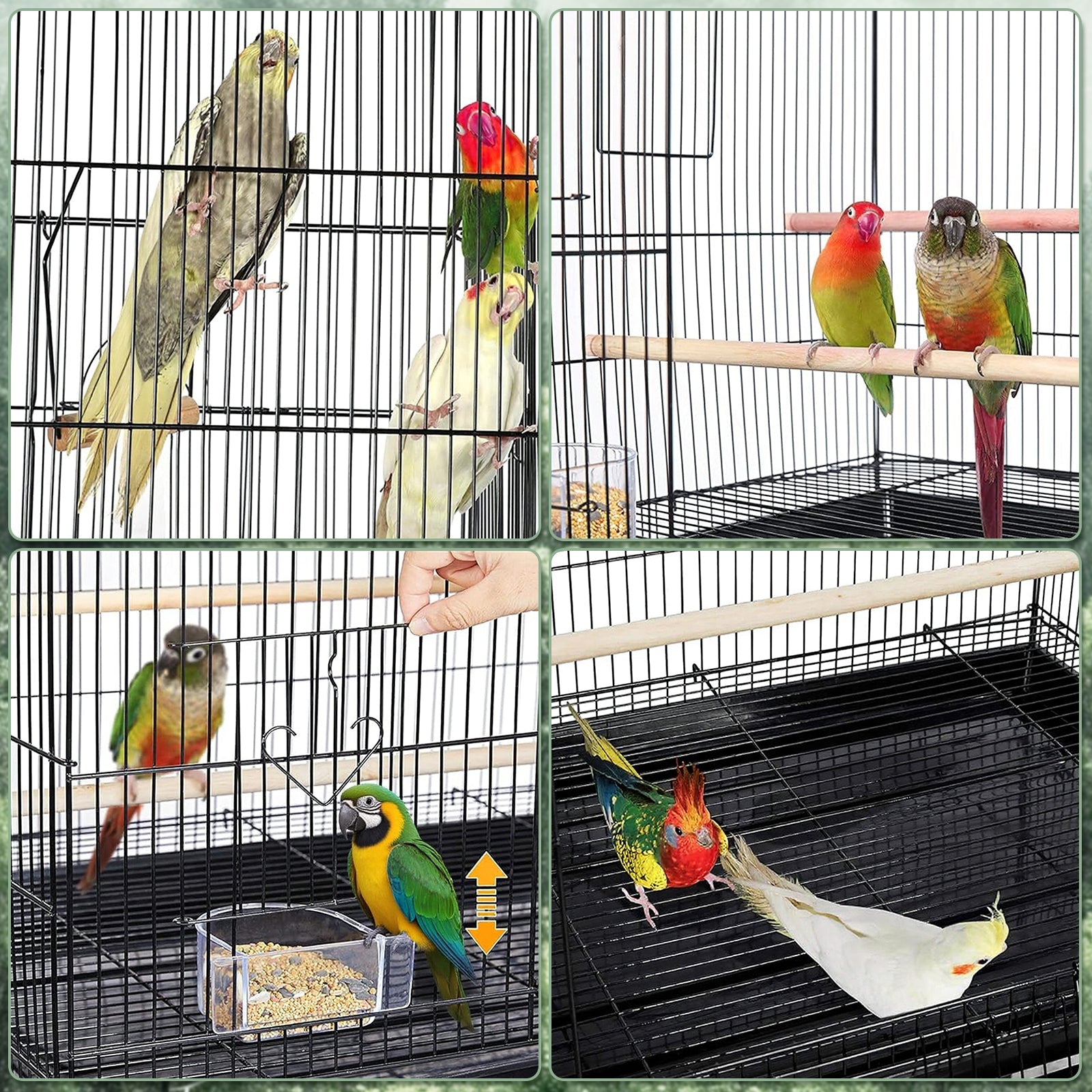 Garvee Portable Large Metal Bird Cage Carrier for Small to Medium Birds – Handle, 2 Food Bowls, 2 Perches, Removable Tray – Travel Aviary for Cockatiels, Budgies, Lovebirds, Canaries, Parakeets – Green