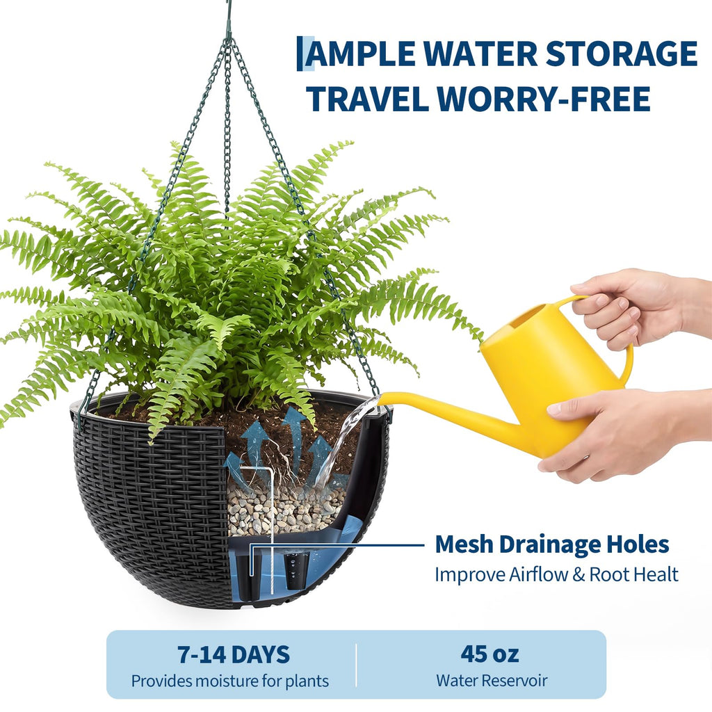 Garvee Self-Watering Hanging Planters for Indoor & Outdoor Plants, 4-Pack 13.8 in Resin Baskets with Rattan Look, Drainage Plugs and Triple-Chain Hangers