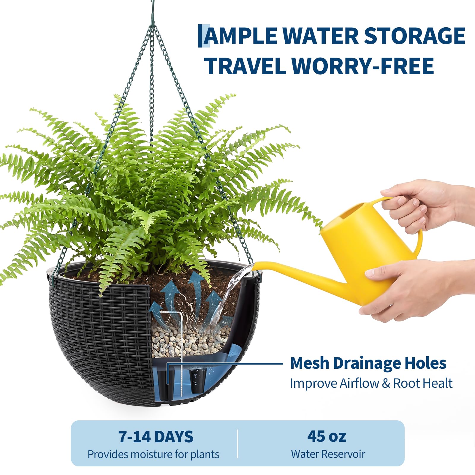 Garvee Self-Watering Hanging Planters for Indoor & Outdoor Plants, 4-Pack 13.8 in Resin Baskets with Rattan Look, Drainage Plugs and Triple-Chain Hangers