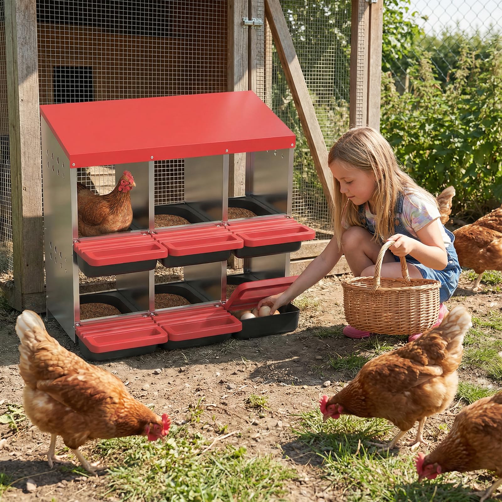 Garvee 6-Hole Metal Chicken Nesting Box, Roll Away Poultry Laying Box with Sloped Anti-Perch Roof, 31.9"x20.5"x31.1", Red