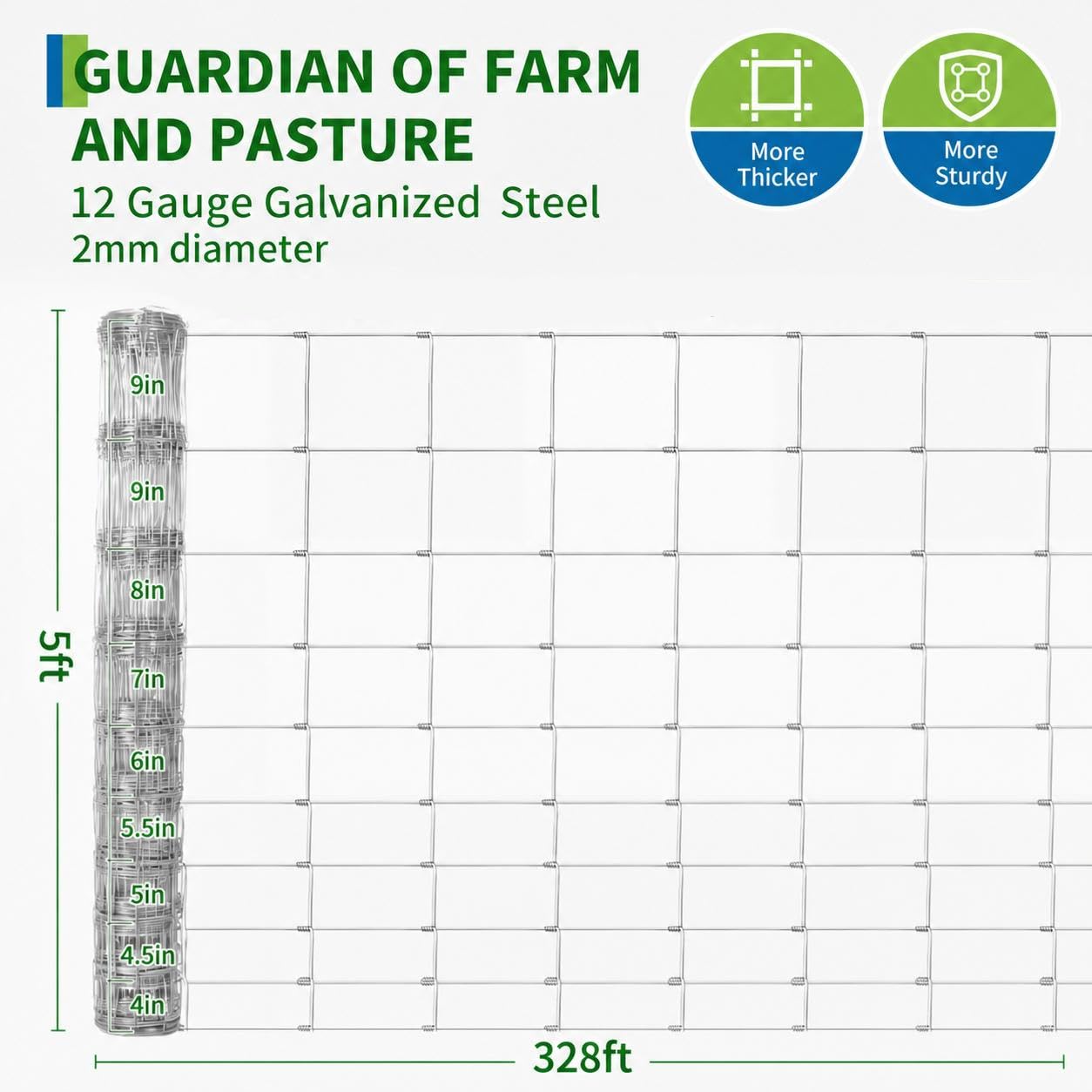 Garvee 5' × 328' Livestock Fence Roll, 12 Gauge Galvanized Woven Wire with Hinge Knot for Pasture