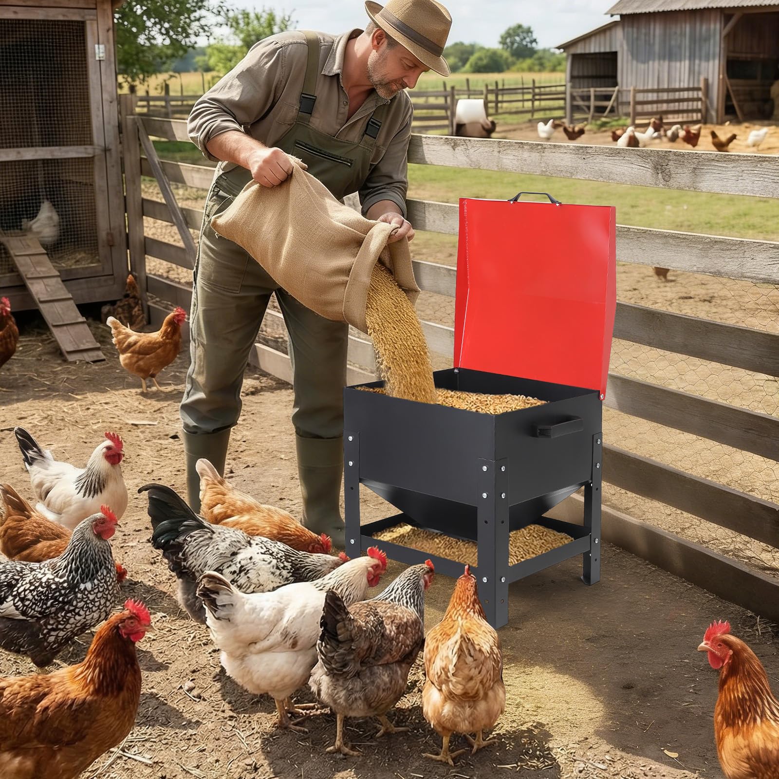 Garvee Metal Chicken Feeding Box, 80 lbs Large Capacity, Portable Galvanized Steel Feeder, Waterproof Lid, No Waste Automatic Poultry Feeder for Ducks, Hens and Roosters, Standing for Chicken Coop, Red
