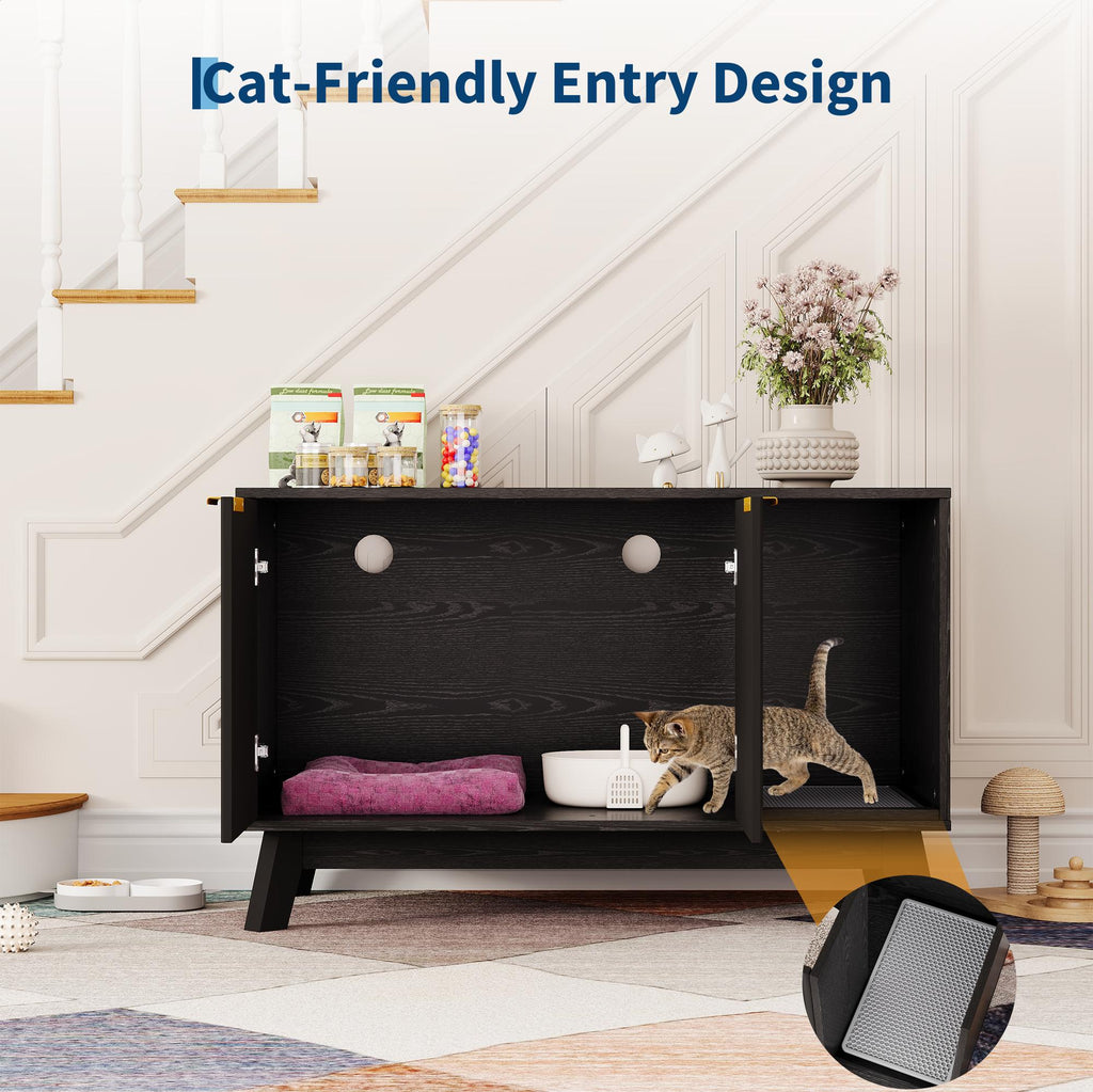 Garvee Cat Litter Box Enclosure Hidden Litter Box Furniture with Scratch Pad Cat House Wooden Cat Washroom Cabinet 2-in-1 for Living Room, Hallway, Black