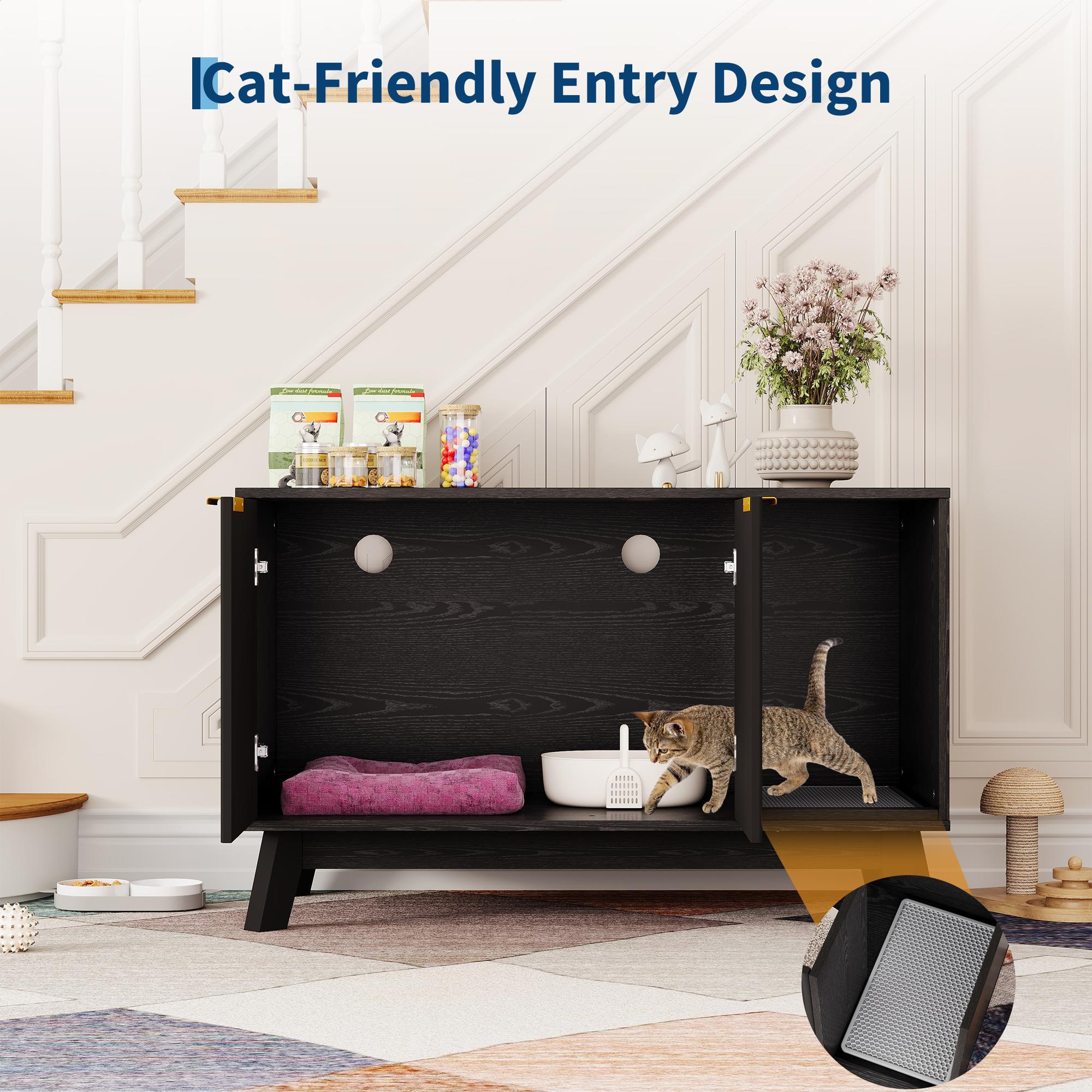 Garvee Cat Litter Box Enclosure Hidden Litter Box Furniture with Scratch Pad Cat House Wooden Cat Washroom Cabinet 2-in-1 for Living Room, Hallway, Black