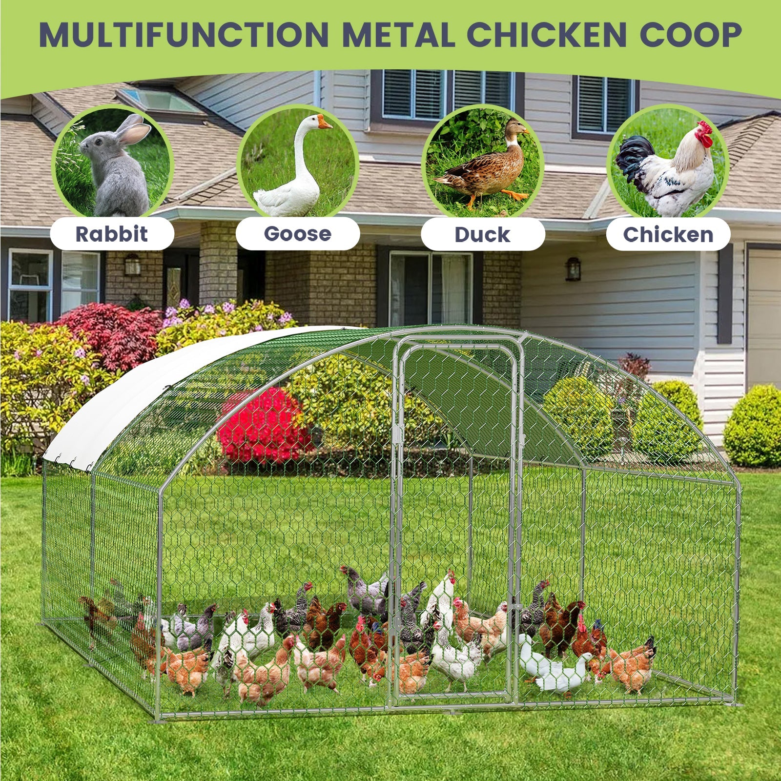 Garvee Spacious Walk-In Metal Chicken Coop - Dome Roof, Waterproof & UV-Resistant Cover, Lockable Door, Outdoor Poultry Cage for Hens, Ducks & Small Animals, Ideal for Farm & Backyard - Size: 9.8 x 13.1 x 6.6 ft