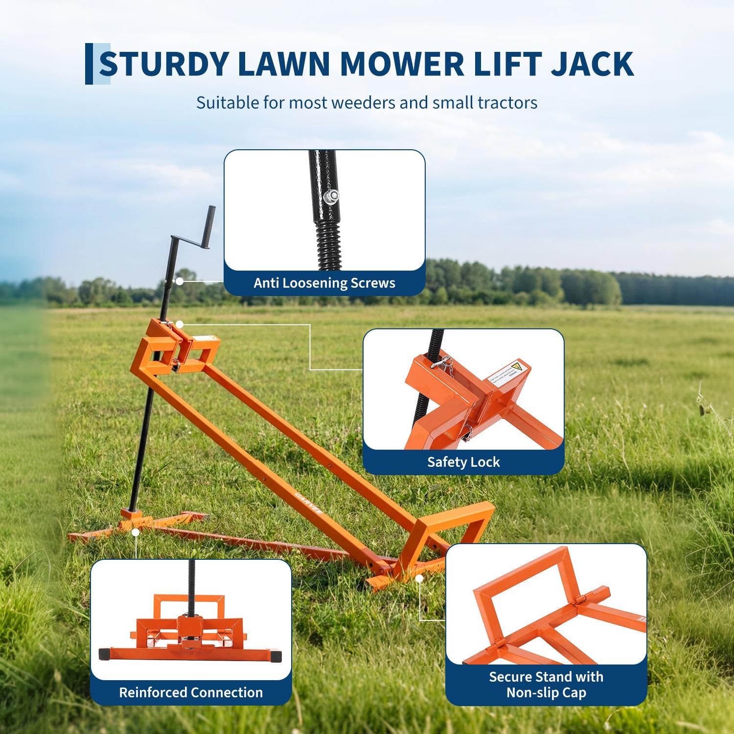 Garvee 800 lbs Heavy-Duty Lawn Mower Lift Jack – Collapsible & Adjustable, Crank & Power Tool Handle – Anti-Slip Base – All-purpose Fit for Garden Tractors – Orange