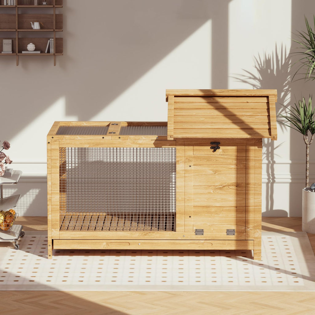 Garvee Large Outdoor Rabbit Hutch, Weatherproof 2-Story Bunny Cage with Removable Wire Netting, Wooden Indoor Outdoor Pet House, Waterproof Roof & Pull-Out Tray, Natural