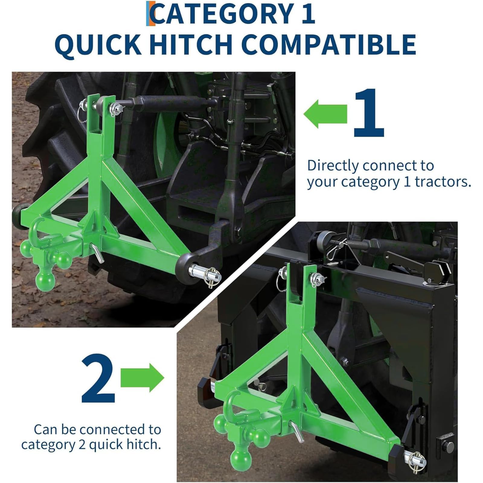 Garvee 3 Point Trailer Hitch 2" Receiver Heavy Duty Cat.1 Towing Ball & Hook Stainless Steel Quick Hitch for Kubota Subcompact Tractor Farm Use