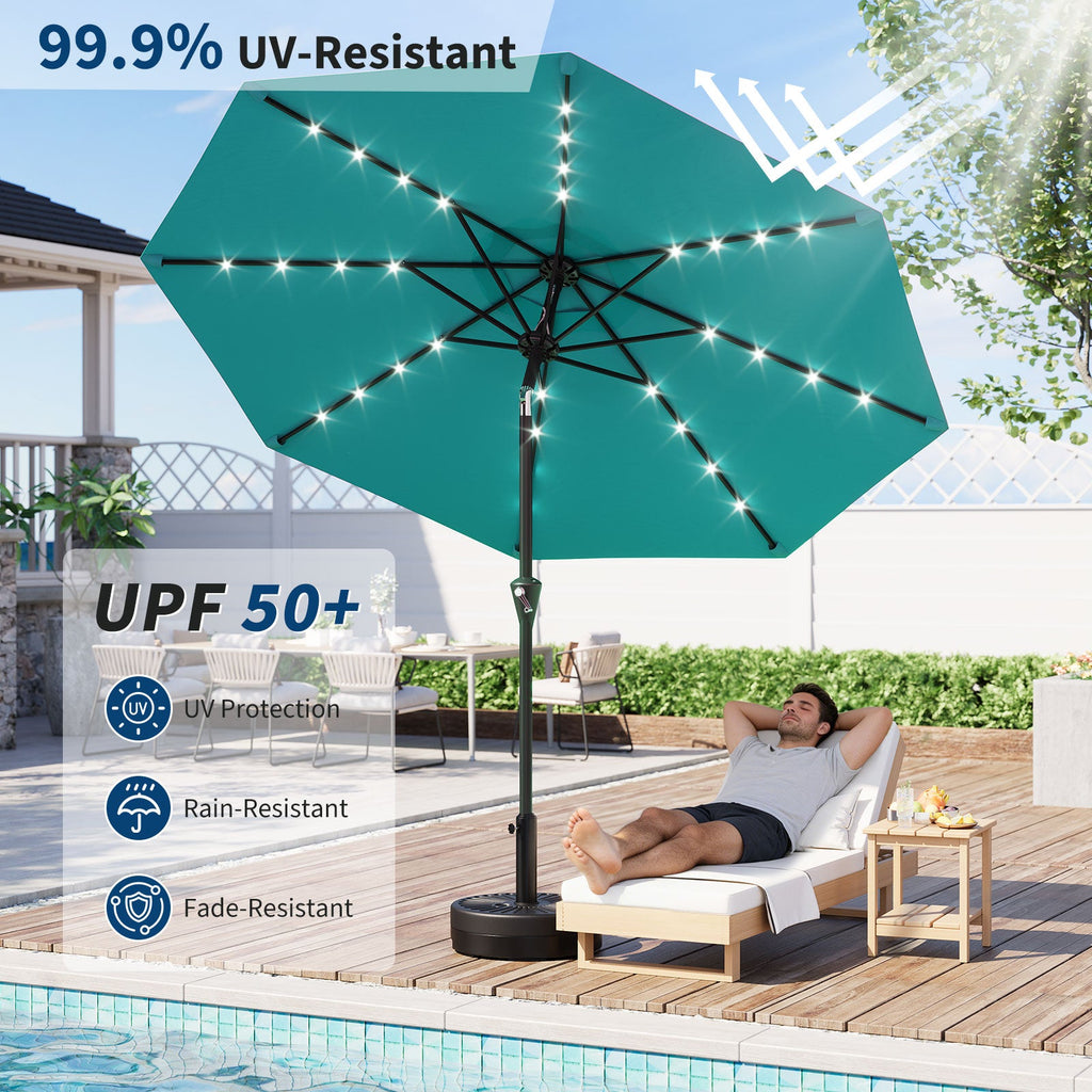 Garvee 9FT Solar LED Patio Umbrella, Waterproof Outdoor Market Table Umbrella with 8 Ribs, Crank Lift, Push Button Tilt, UV Protection for Garden, Pool & Deck, Sky Blue
