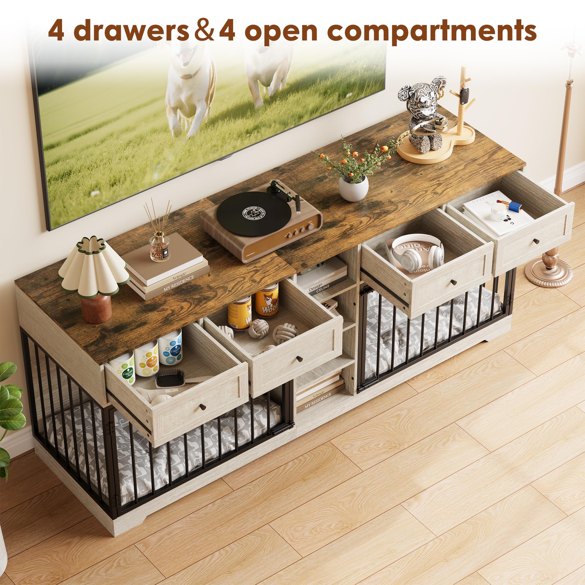 Garvee 82" Large Dog Crate for 2 Dogs, Dog Kennel Indoor with 4 Drawers and Shelves, Heavy Duty Double Dog Crate Furniture TV Stand, Wooden Dog Cage for Medium Large Dogs, Washed White