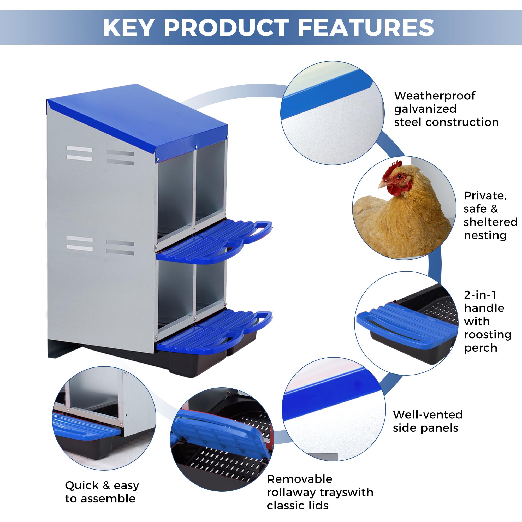 Garvee 4-Compartment 2-Tier Chicken Nesting Box – Roll-Away Tray & Support Stand, Blue