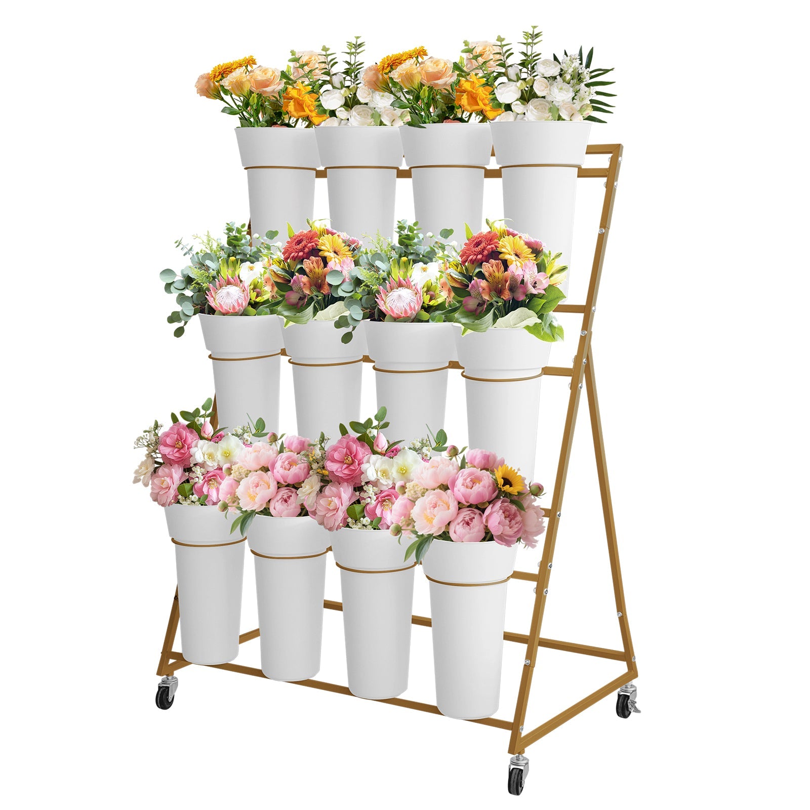 Garvee 3-Tier Gold Metal Flower Stand with 12 Removable Round Buckets, Mobile Plant Display Shelf – Heavy Duty Indoor Outdoor Plant Rack with Wheels for Garden, Patio, Shop, Wedding – Size: 90×55×120cm, Color: Gold