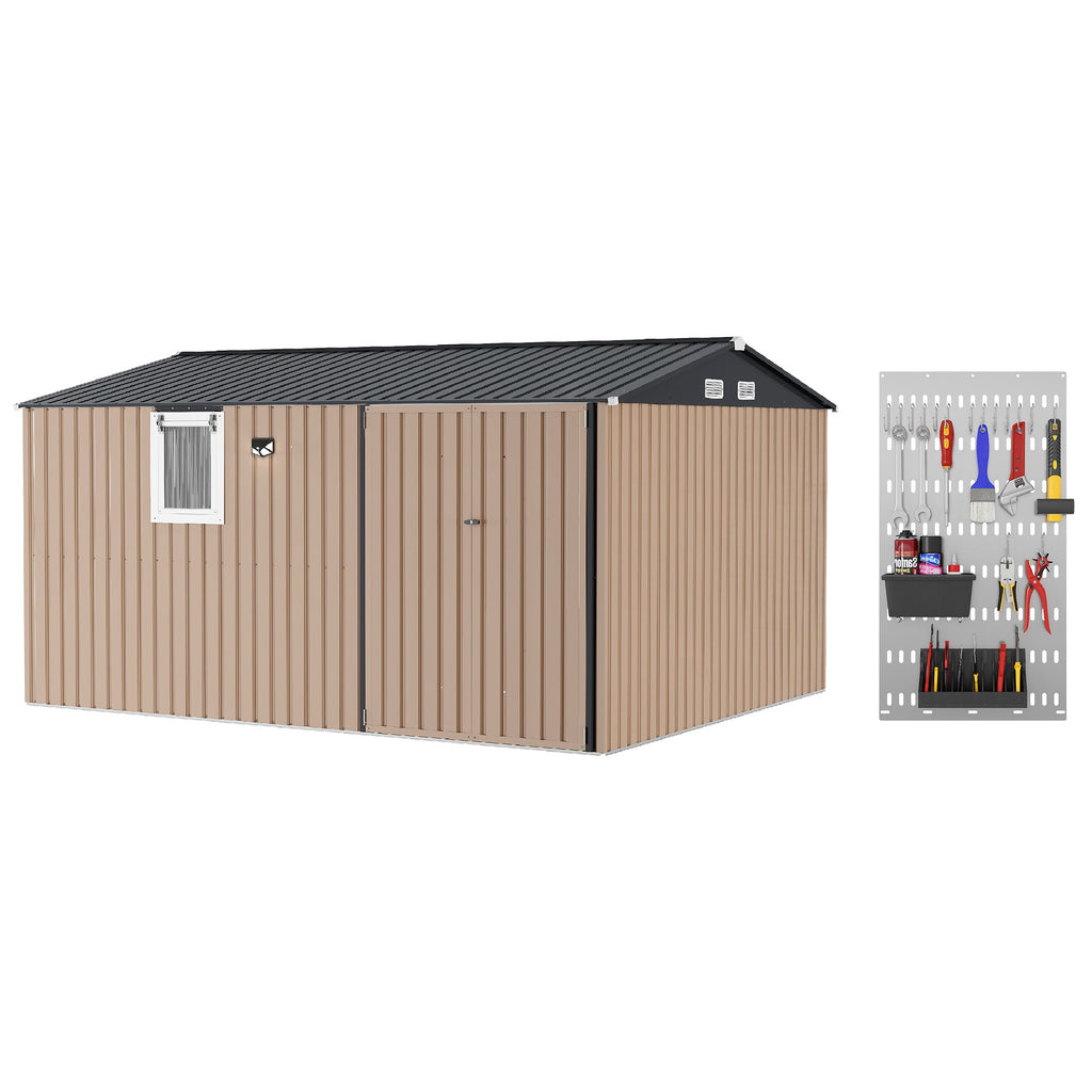 Garvee Metal Outdoor Storage Shed 10 ft x 12 ft – Heavy-Duty Lockable Garden Storage Cabinet with Doors & Windows, Weather-Resistant for Patio, Lawn & Backyard, Brown & Black
