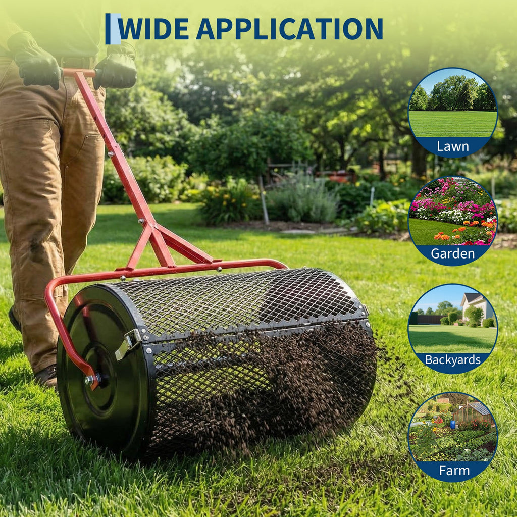 Garvee Efficient Compost and Peat Moss Spreader – 24 Inch Lawn & Garden Seeder Roller with Adjustable T-Shaped Handle, Side Latches, Powder-Coated Metal – Spreads Grass Seed, Topsoil, Fertilizer, Manure – Handle in Red