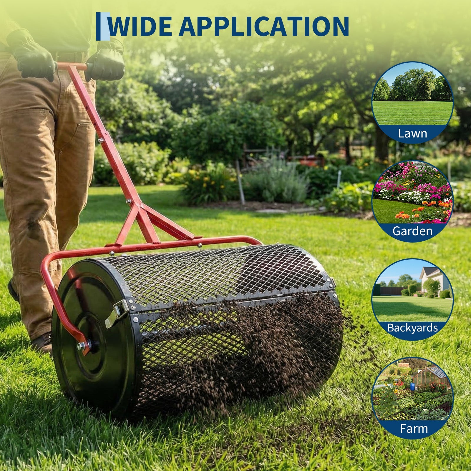 Garvee Efficient Compost and Peat Moss Spreader – 24 Inch Lawn & Garden Seeder Roller with Adjustable T-Shaped Handle, Side Latches, Powder-Coated Metal – Spreads Grass Seed, Topsoil, Fertilizer, Manure – Handle in Red