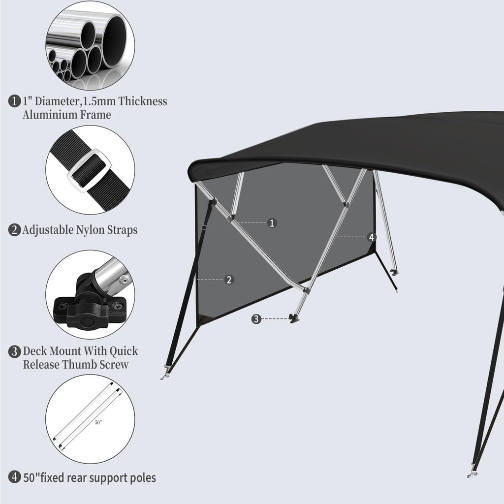 Garvee 4 Bow Bimini Top for Boats with Removable Zippered Translucent Side Curtains - Marine Grade 600D PU-Coated Canvas, Waterproof Sun Shade, 1" Aluminum Alloy Frame, Adjustable Straps, Rear Support Poles - Black - 8'L x 54"H x 73"-78"W (Translucent