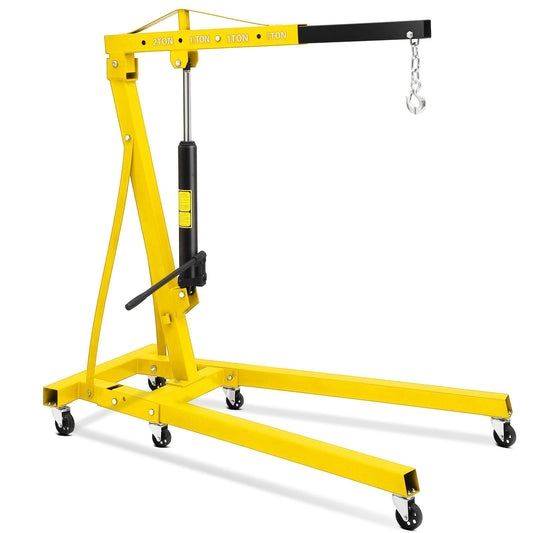 Garvee 2-Ton Engine Hoist - 4400 lbs Folding Hydraulic Cherry Picker, Heavy-Duty Shop Crane with 6 Caster Wheels and 4 Adjustable Boom Positions for Warehouse, Garage, and Workshop (Yellow)