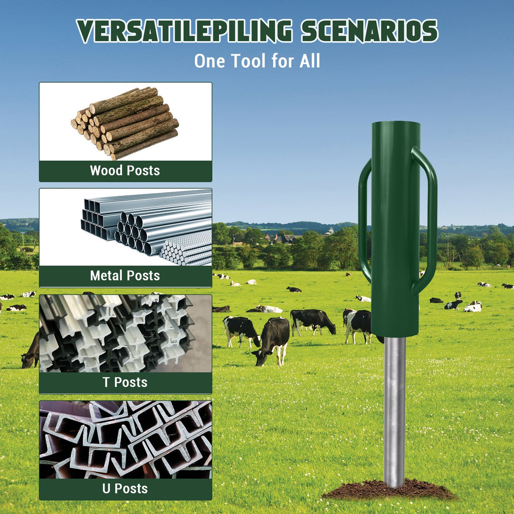 Garvee 37 LB Heavy Duty Steel Fence Post Driver with Dual Handles - 28" x 6.5" Manual T-Post & U-Post Rammer, 0.2" Thick Carbon Steel Soil Compactor for Wooden Posts, Metal Fencing Stakes, and Sign Poles (Green)