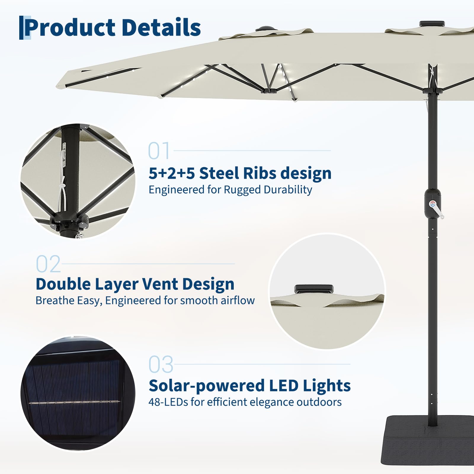 Garvee 15' Rectangular Patio Umbrella with Solar LED Lights & Base, Crank Handle UV-Resistant Outdoor Market Umbrella for Backyard, Pool & Patio, Beige