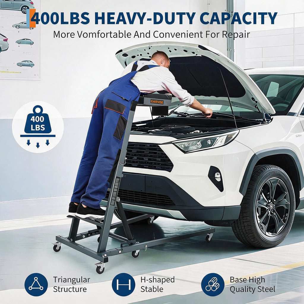 Garvee Heavy Duty Over-Engine Creeper for Mechanics – Adjustable Height 48-68 in, 400 lbs Capacity, Collapsible Design, 6 Swivel Casters, Garage Workshop Use – Industrial Grey (RAL 7016)