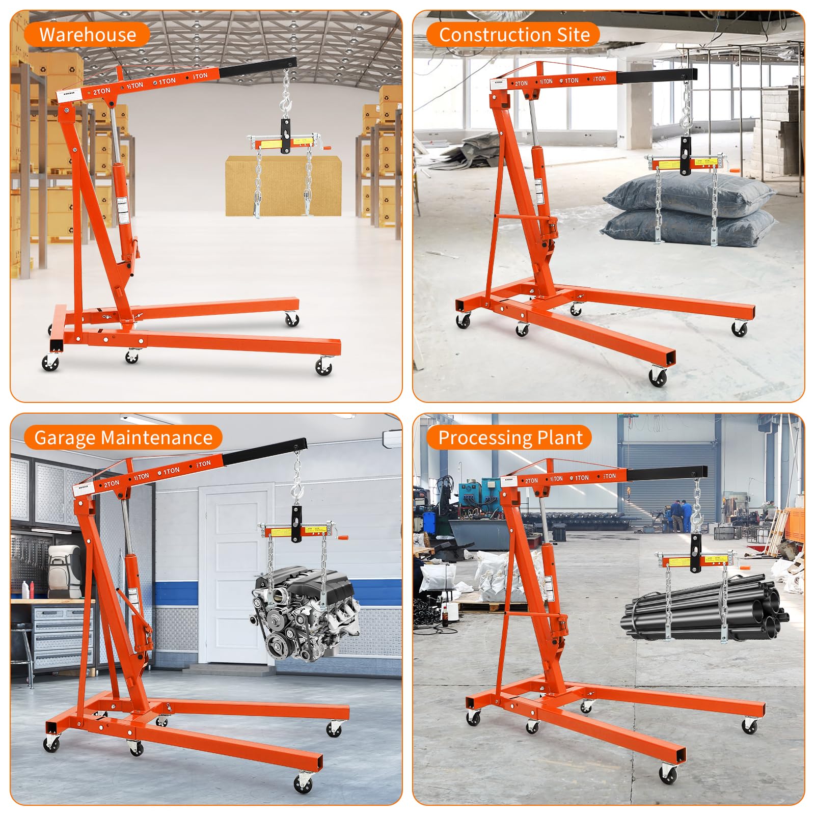 Garvee 2-Ton Folding Hydraulic Engine Hoist with Load Leveler, 4400 lbs Capacity, Heavy-Duty Cherry Picker with 6 Swivel Wheels, Hydraulic Pump, and Adjustable Boom (0.5T-2T), for Garage, Workshop, and Warehouse, Orange