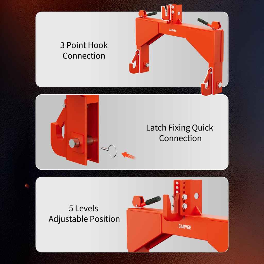 Garvee Heavy Duty 4000lbs 3-Point Quick Hitch for Category 2 Tractors - 5-Level Adjustable Bolt - 2" Receiver - Compatible with Cat 2 Implements - Farm Attachment - Orange