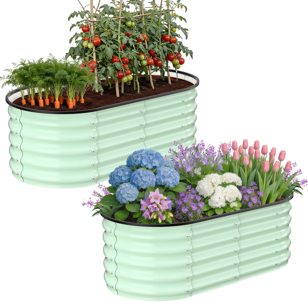 Garvee Galvanized Raised Garden Beds for Vegetables and Flowers, 2-Pack with 3.5 × 3.5 × 1.4 FT and 5 × 2 × 1.4 FT Planters, Olive Green