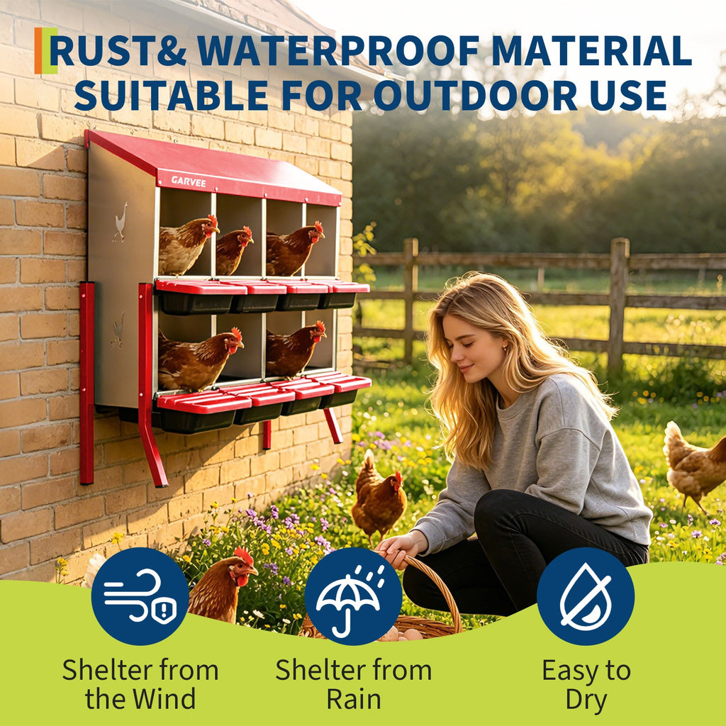 Garvee 8 Compartment Metal Chicken Nesting Box – Heavy Duty Galvanized Steel, Easy Clean Removable Tray, Soft Cushion, Ventilated, Bracket Legs for Outdoor Chicken Coop – Red with Chicken Design