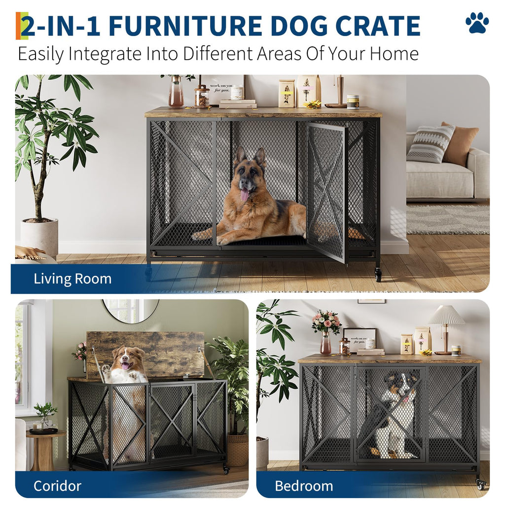 Garvee 48" Heavy Duty Dog Crate Furniture with Wheels, Flip Top Dog Kennel End Table with Removable Tray, Multi-Functional Indoor Pet Cage for Small to Large Pets, Black