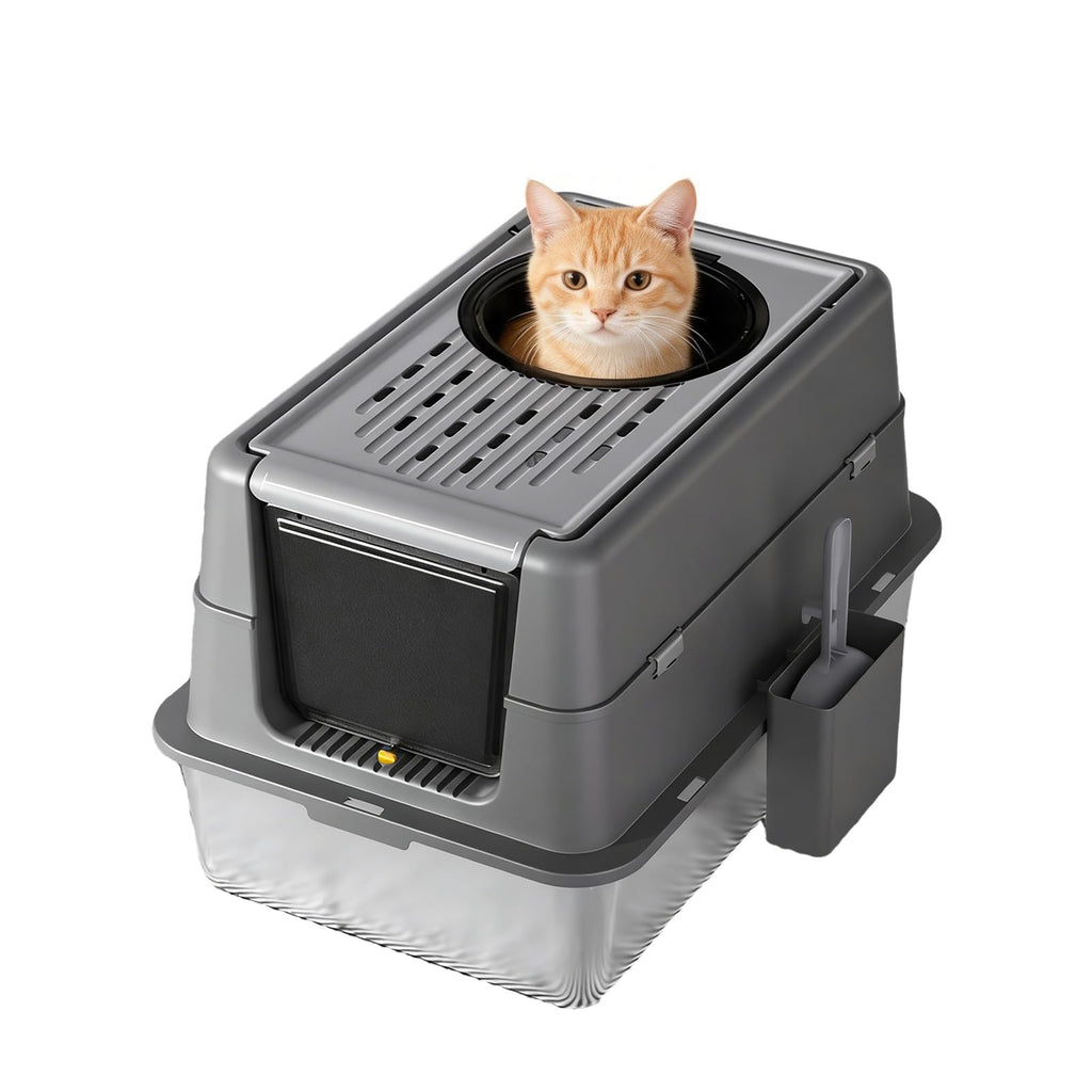 Garvee Extra Large Stainless Steel Cat Litter Box with Dual Entry, 180° Flip Top Lid, Enclosed Design for Odor Control & Privacy, Large Enclosed Odor Control Litter Box for Cats, 6" Deep Dark Gray