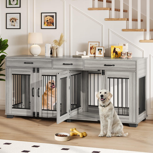 Garvee 71" Double Wooden Dog Crate Furniture for 2 Dogs, Heavy Duty, Spacious, MDF & Iron, Three-Drawer Storage, TV Stand, Small to Large Dogs