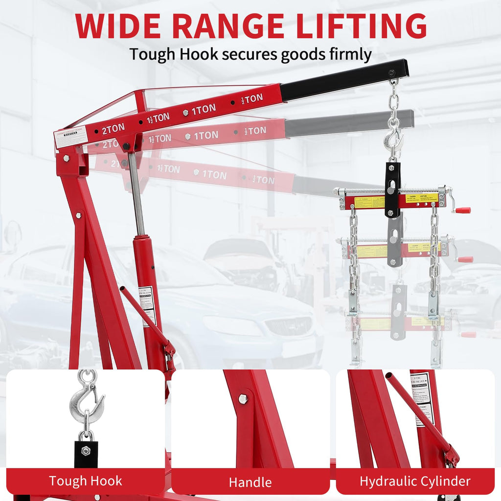 Garvee 2 Ton Folding Hydraulic Engine Hoist - Heavy Duty 4400 lbs Shop Crane - Adjustable Boom (0.5T-2T) - Load Leveler - 6 Swivel Wheels - Hydraulic Pump - Portable Engine Lift Stand for Garage, Workshop, Warehouse - Red with Load Distributor, 2T