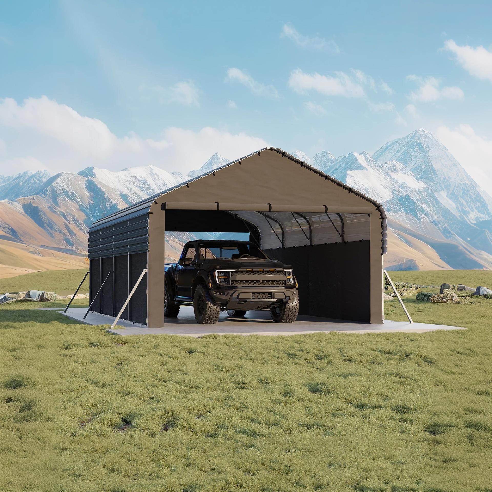 Garvee Heavy Duty 12x20 ft Enclosed Metal Carport – All-Weather Steel Shelter, Waterproof 220g Tarp, Gable End Doors & Sidewalls – Storage for Full-Size Trucks, Boats, Tractors – Single Box, Under 50KG
