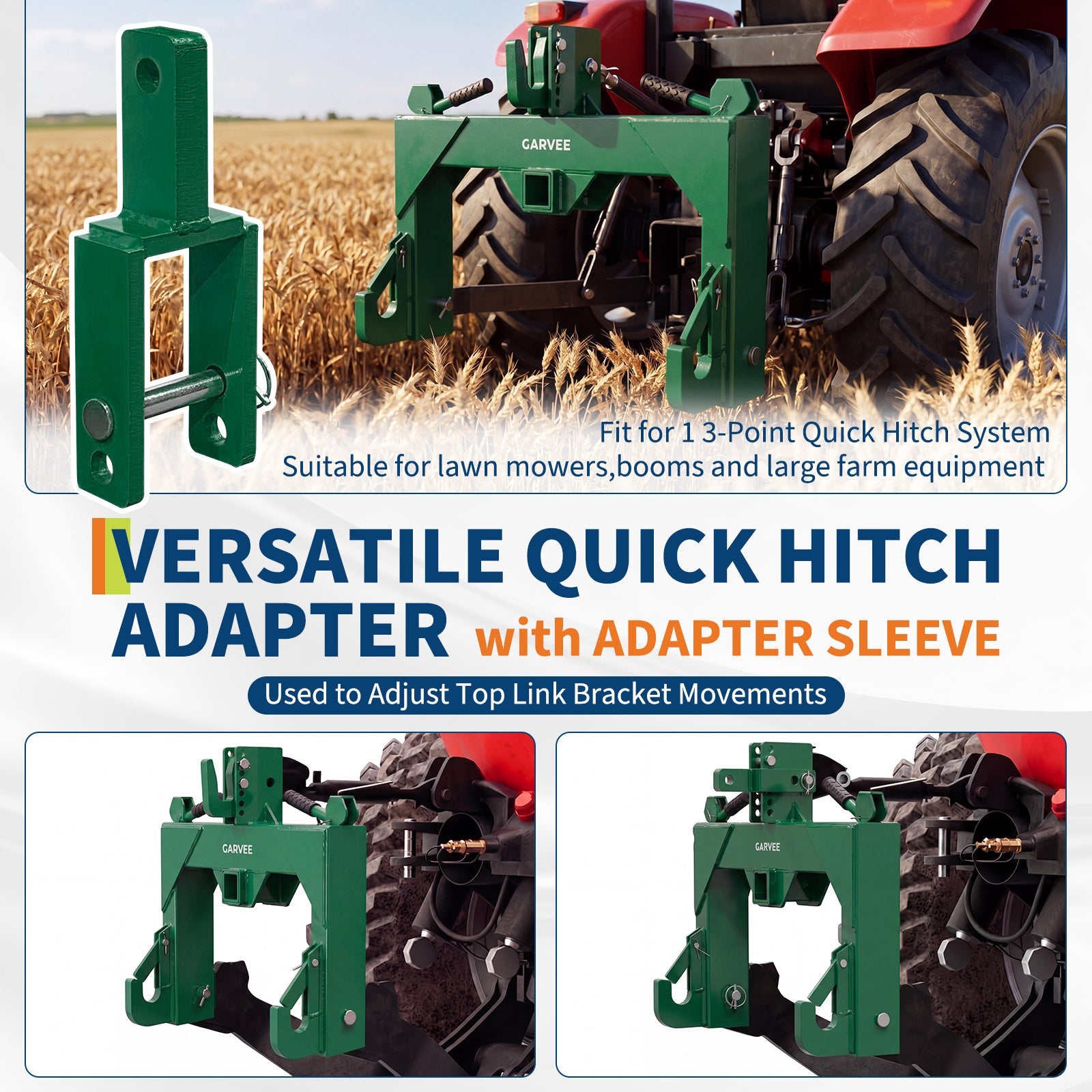 Garvee Heavy Duty 3-Point Quick Hitch Tool Set for Category 1 Tractors - Upgraded Versatile Adapter, 2" Receiver, 5-Level Adjustable Bolt, 3000 lbs Capacity, Quick Attach, Trailer Hitch Attachment - Green