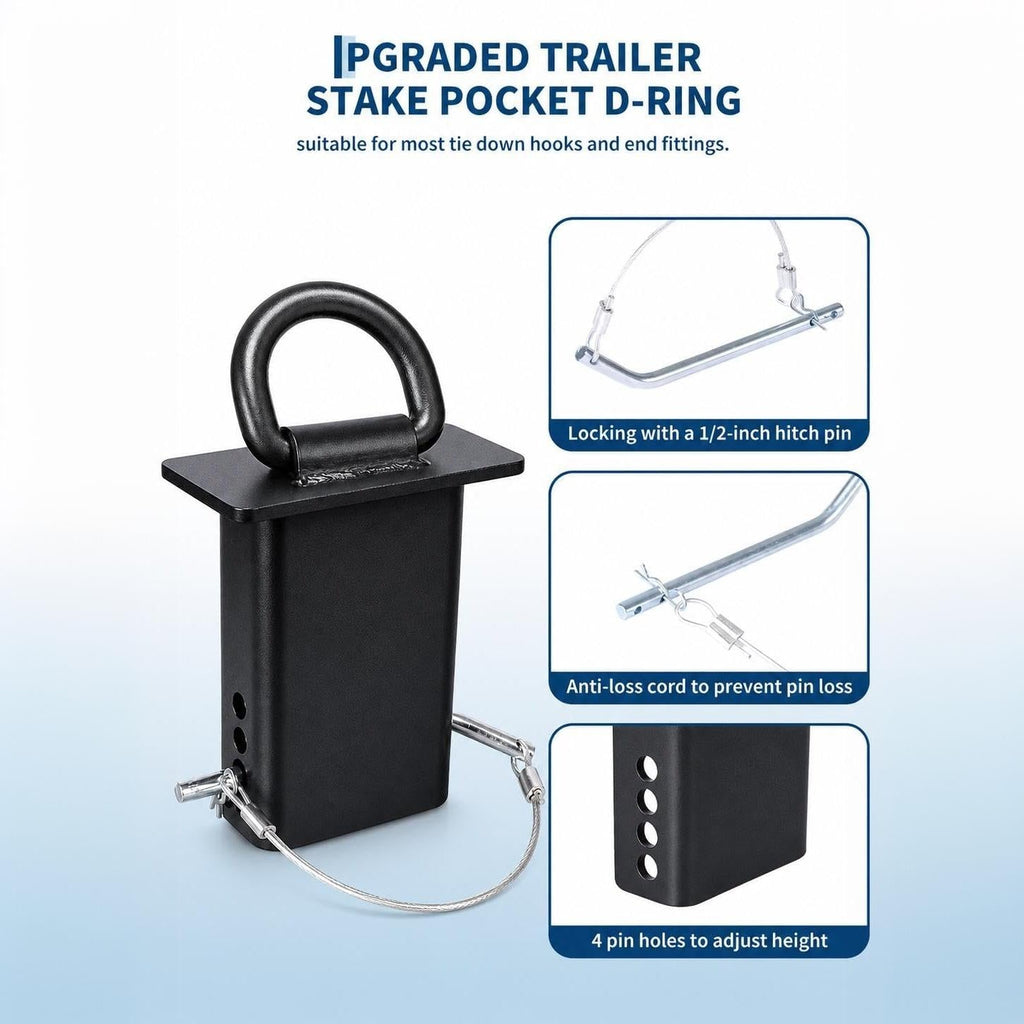 Garvee Heavy Duty 18,000lbs Removable Stake Pocket D-Ring Tie Down Anchors – 5/8" Hitch Pin, 4 Adjustable Holes, Anti-Loss Wire, Securement for Utility Trailers, Flatbeds, Cargo Trucks, Black, 5/8 Inch, 4 Pieces